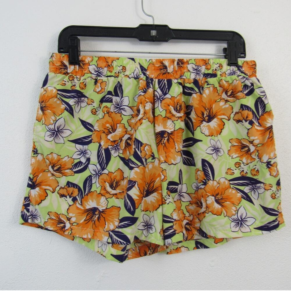 Urban Outfitters Large Green and Orange Floral Pull-On Shorts Hawaiian Tropical